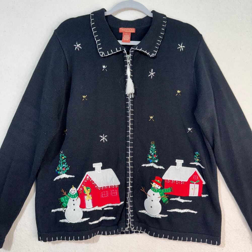Great Northwest Traditions Holiday Snowman Embroidery Cardigan Sweater Petite XL - Picture 5 of 9